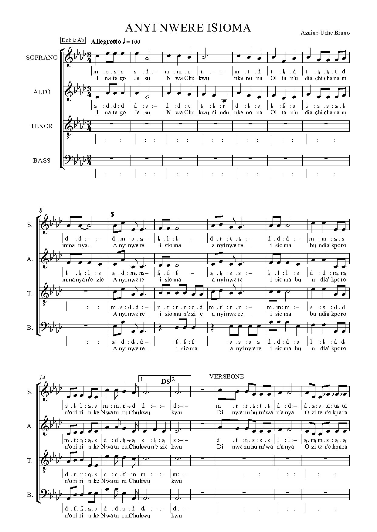 Anyi Nwere Isioma - Full Score - Download Choir Script PDF