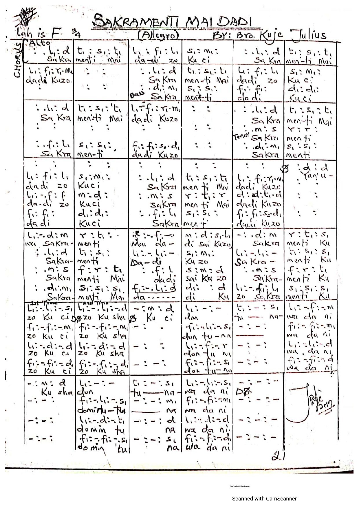 Sakramenti Mai Dadi ~ Bro. Kuje Julius - Download Choir Script PDF