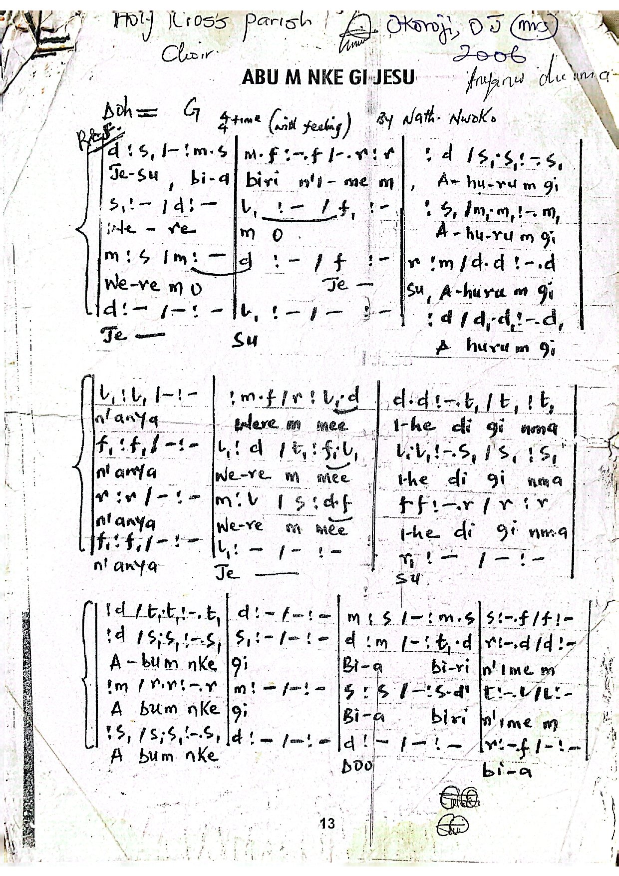 Abum Nke Gi Jesu (communion ) ~ Nath Nwoko - Download Choir Script PDF