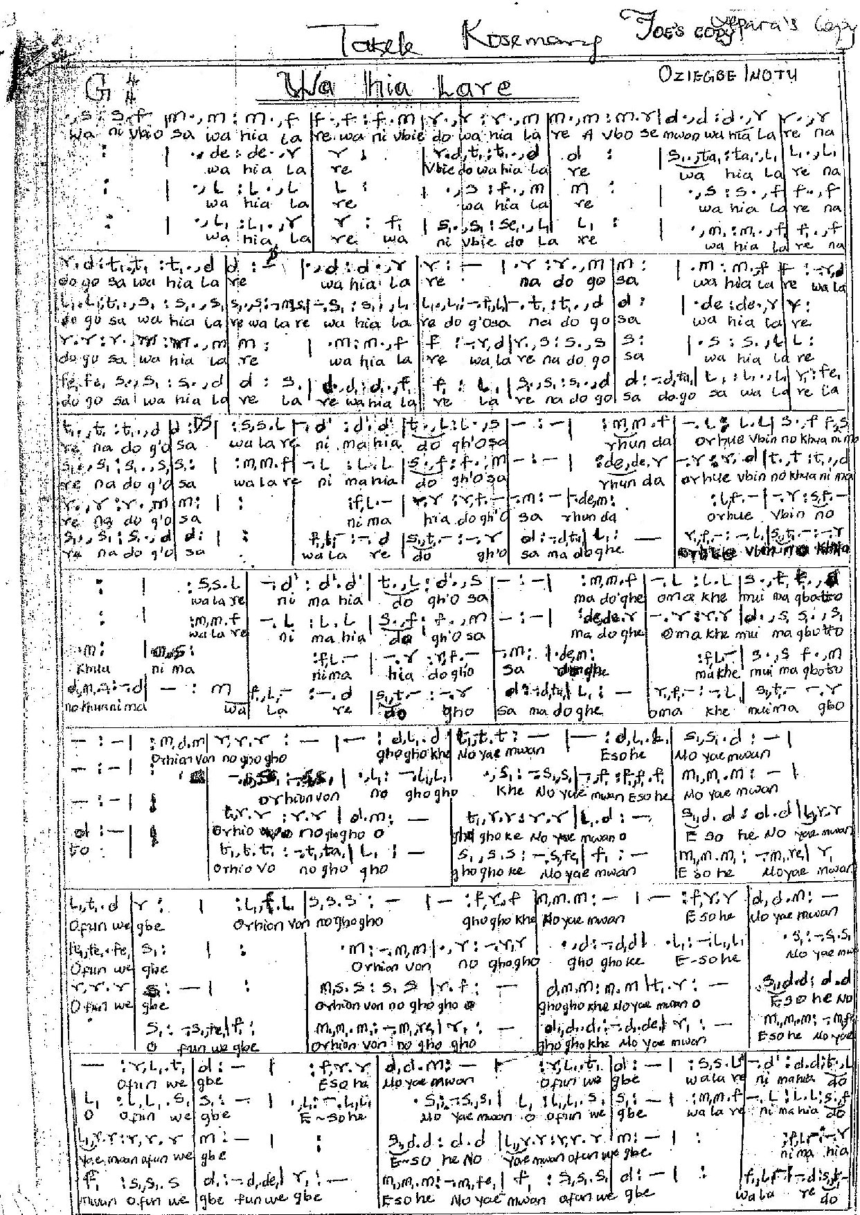 Wa Hia Lare - Download Choir Script PDF